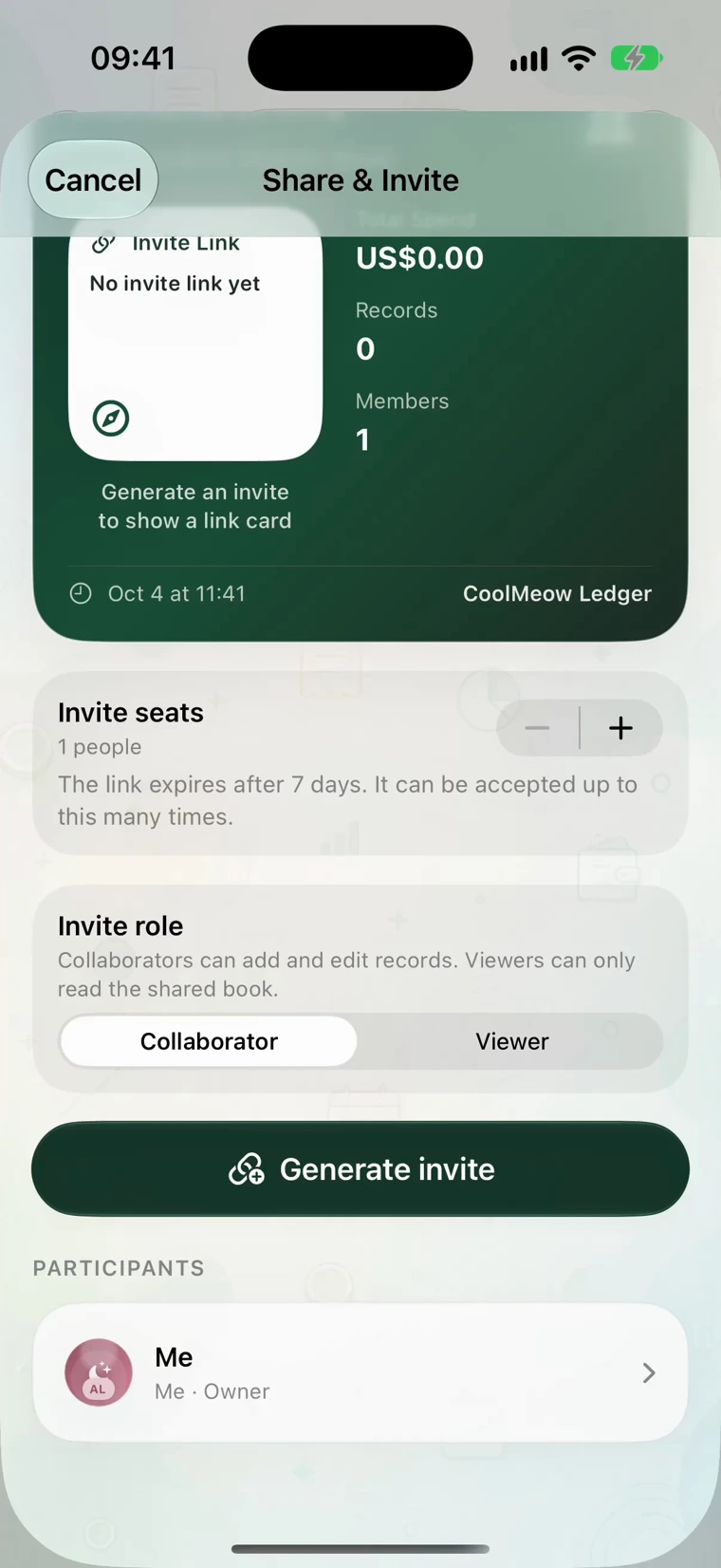 CoolMeow Share & Invite with Collaborator and Viewer roles.