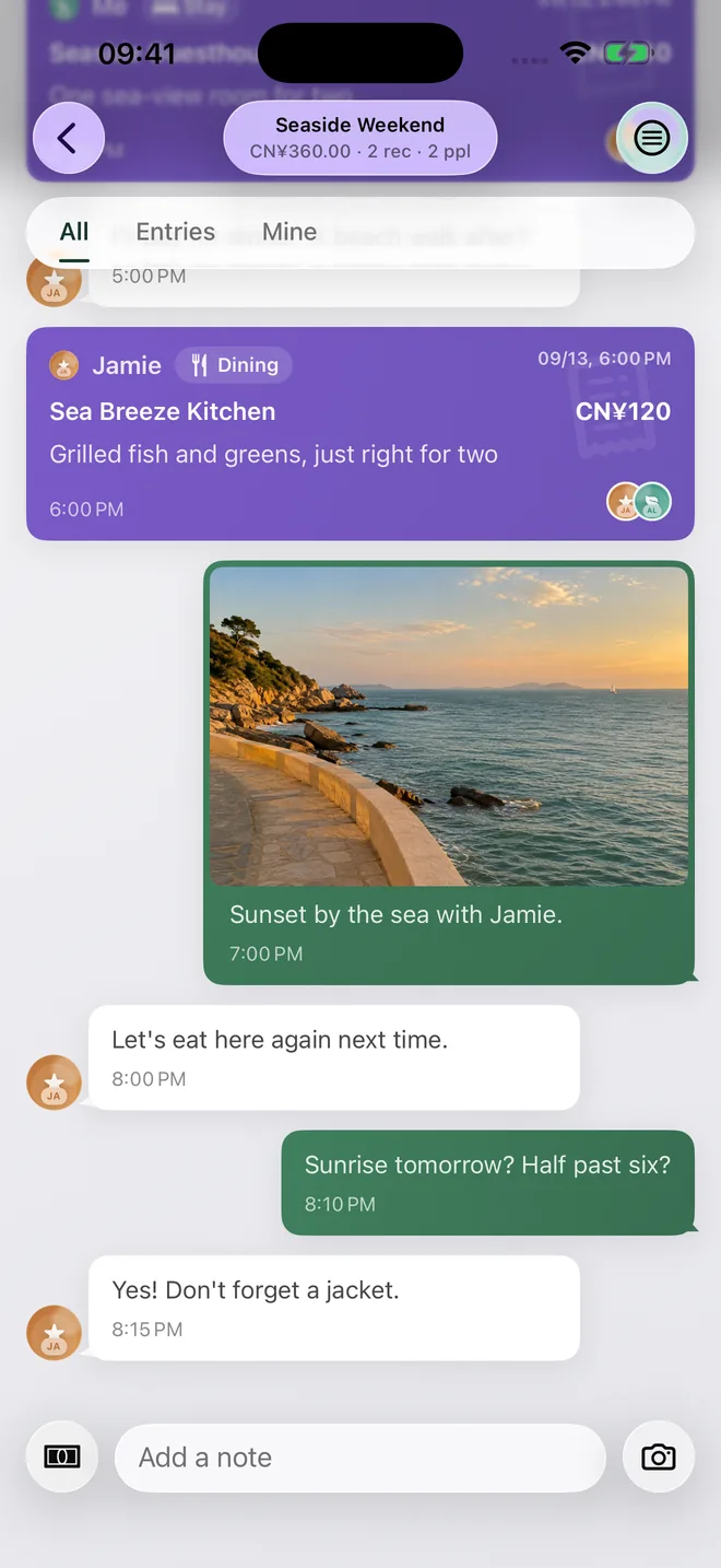 A seaside photo and personal notes in the shared ledger.