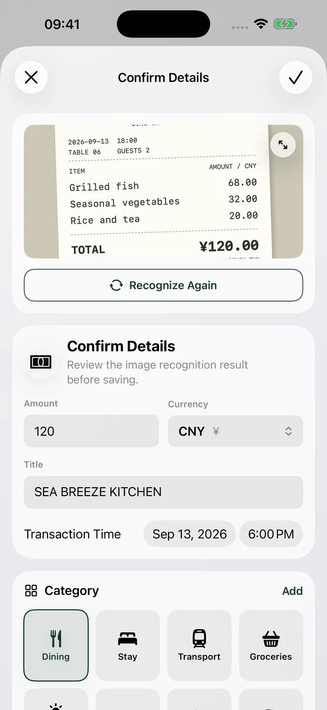 Receipt confirmation screen with amount, currency, merchant, time and category ready to review.