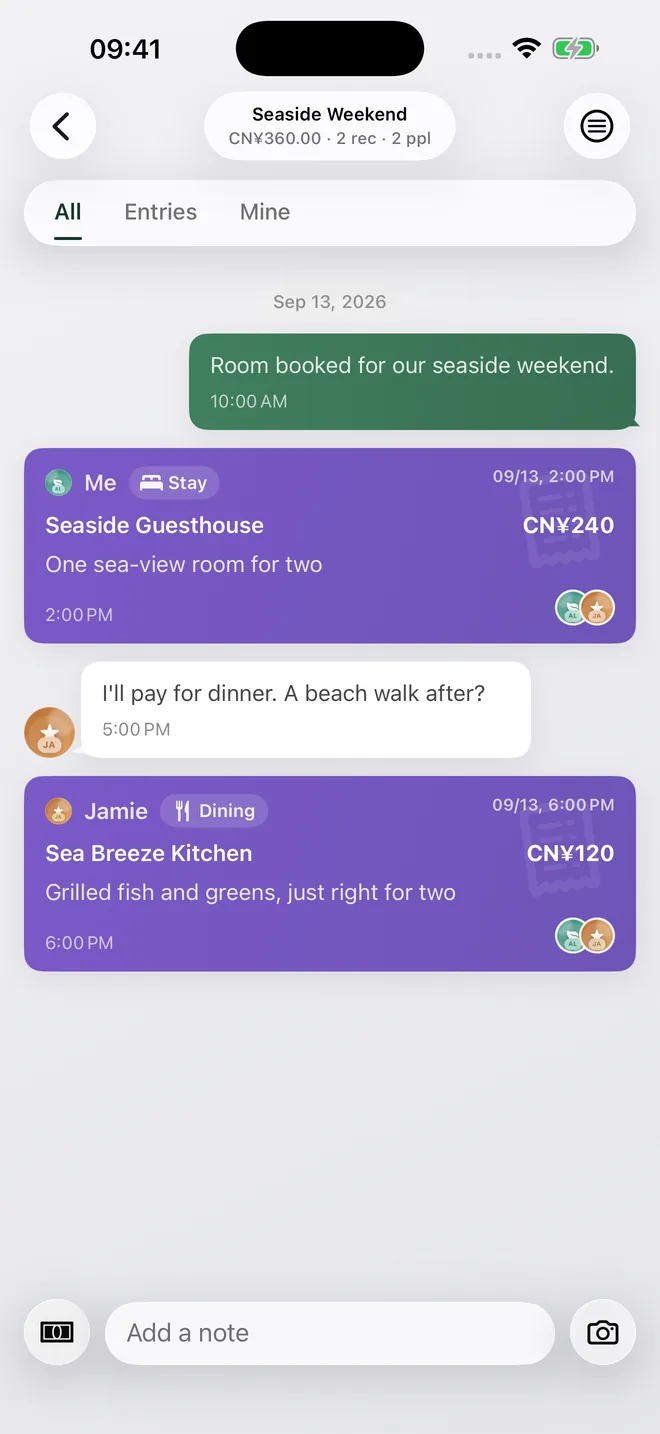 A shared seaside weekend ledger with accommodation, dinner and notes from two members.